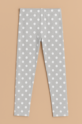 (Ages 7-9)Girl Grey Cotton Jersey Leggings – White Polka Dot Print
